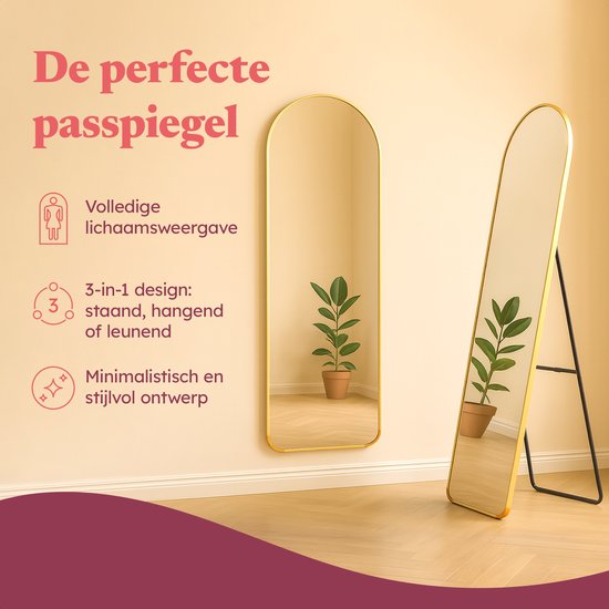 Fraay Pass Mirror 160x55cm - Stehend & hängend - Minimalistischer Wandspiegel - Stehspiegel - Gebürstetes Gold