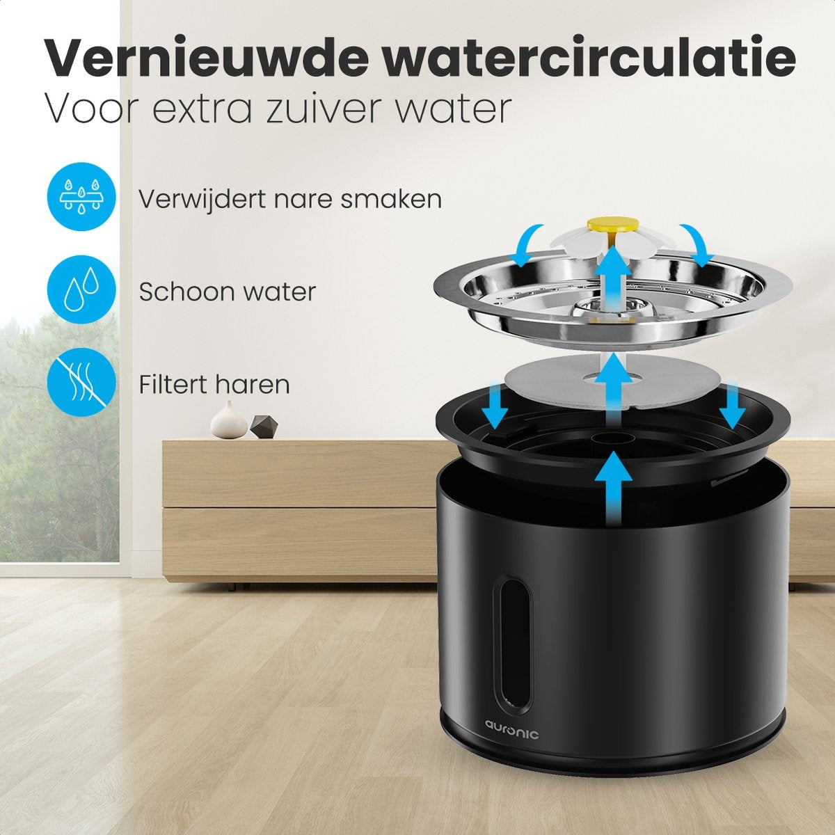 Auronic Trinkbrunnen - Wasserbrunnen für Katzen und Hunde - 2.4L - Tiertränke - Inkl. 3 Filter und 2 Bürsten - Schwarz
