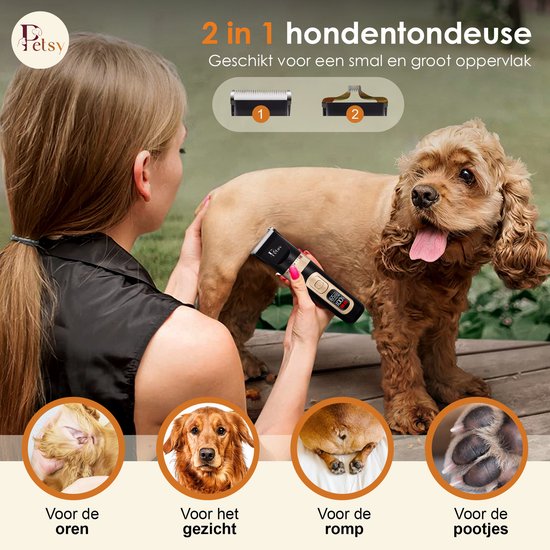 Petsy Profi-Hundeschermaschine – 2-in-1-Tier-Schermaschine für dickes Fell – Leise – Schermaschine für Hunde und Katzen – Hundeschermaschine – Inklusive Ladestation