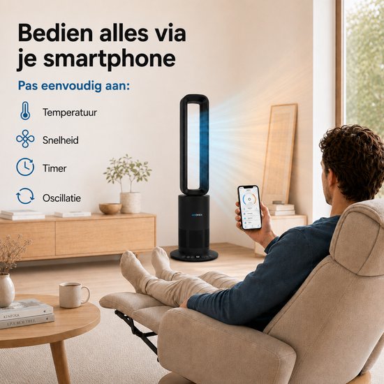 Aironex Kabelloser Ventilator Schwarz – Energieeffizienter Luftkühler – Luftkühler mit Schwenkfunktion – Heizen und Kühlen in einem – Ventilatoren – Tischventilator – Standventilator