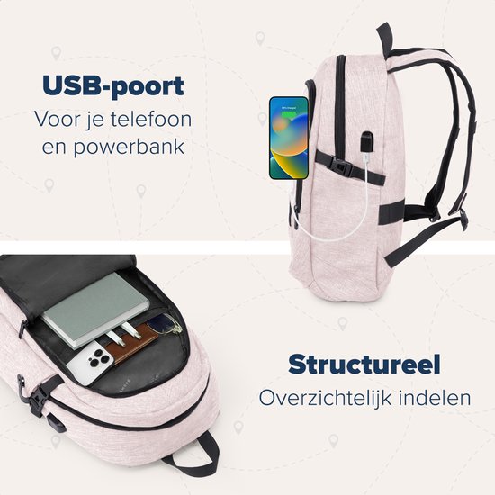 TRVLMORE Rucksack - 25L - 15.6 Zoll - Laptop-Rucksack mit USB - Schultasche - Männer und Frauen - Tasche Pink