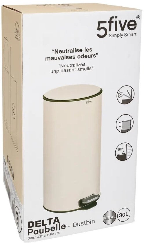 5Five Mülleimer/Treteimer Delta – beige – Metall – 30 Liter – 39 x 33 x 62 cm – Küchenabfalleimer