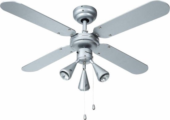 Bestron Deckenventilator mit Beleuchtung, 3 Geschwindigkeiten & extra großer Spannweite von Ø102cm, inkl. Sommer-/Winterfunktion, 3 x GU10 LED-Leuchten, 50Watt, DLHB42S, Farbe: silber/blau