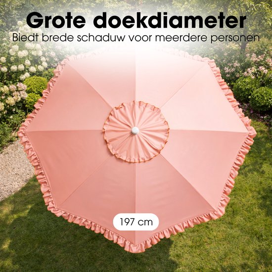 Mica Decorations Kippbarer Sonnenschirm mit Rüschen – Stangensonnenschirm 238 x Ø 195 cm – Garten- oder Balkonsonnenschirm – Polyester, Stahl – Pfirsich