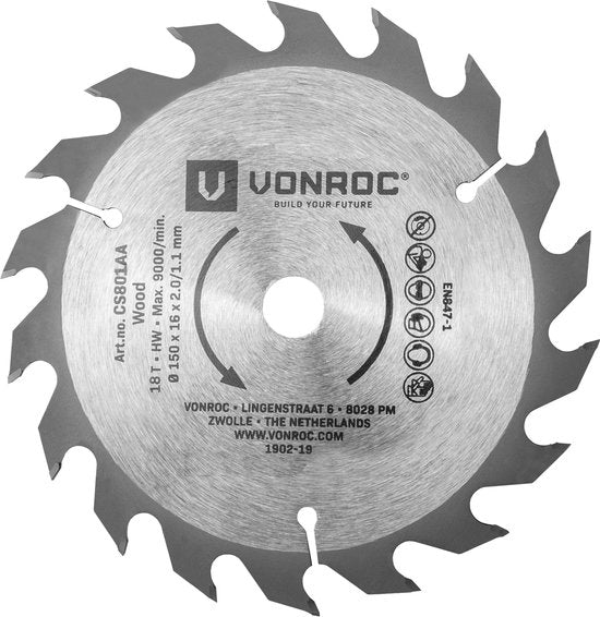 VONROC Kreissägeblatt - Ø150MM - 18 Zähne - geeignet für Holz - universal
