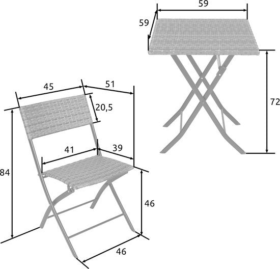 tectake - Balkon- oder Garten-Bistro-Garnitur aus Geflecht, Sitzgruppe mit 2 Stühlen und 1 kleinen Esstisch, platzsparend zusammenklappbar, Gartenmöbel, Balkonmöbel kleiner Balkon - hellgrau