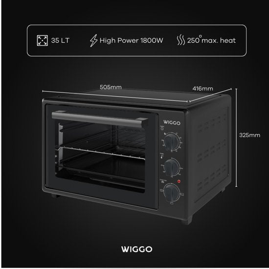 Wiggo WMO-E353(B) – Freistehender Mini-Backofen – elektrisch – 50 cm – 35 Liter – 1800 W – 5 Jahre Garantie – schwarz