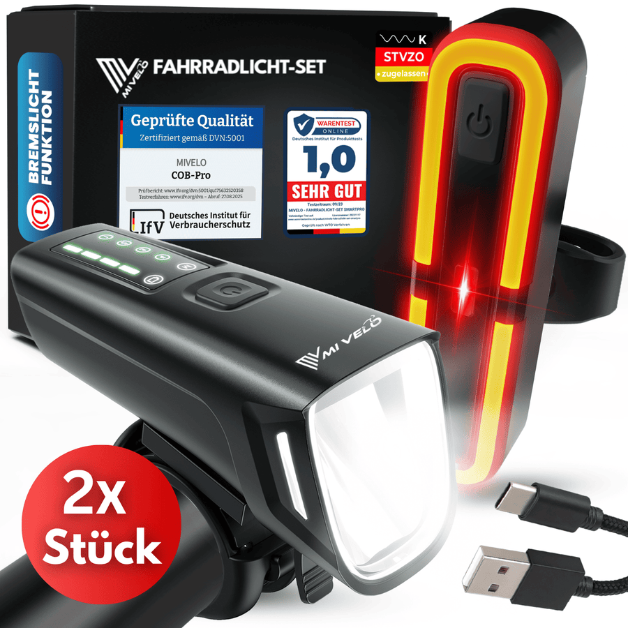 Smart-Ultimate Fahrradlicht-Set - LED - 100 Lux - Bremslicht - USB - Schwarz