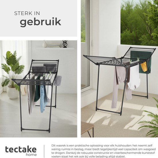 tectake® Wäscheständer – Wäschetrockner – 18 Meter Trockenlänge – zusammenklappbar – Standmodell – Wäscheständer mit 2 Halterungen für kleine Wäsche – hohe Seitenflügel für lange Kleidungsstücke – schwarz