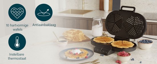 Princess 132384 Doppel-Waffeleisen – 10 herzförmige Waffeln – 1200 W – Einstellbarer Thermostat – 5 Stufen – Antihaftbeschichtung – PFAS-frei – Schwarz – Gaufrier