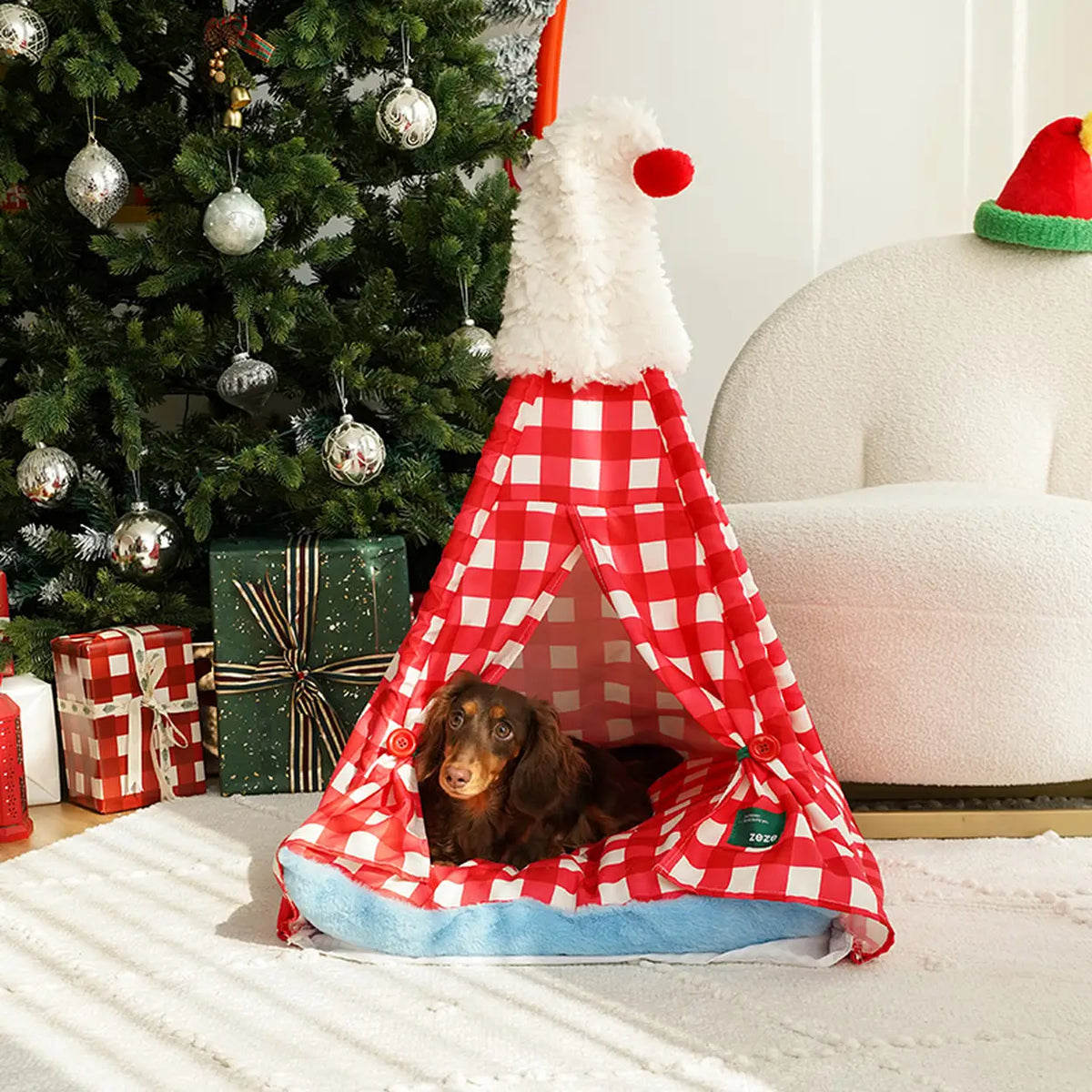 zeze Haustierzelt mit Weihnachtsmütze – rot-weiß kariert – 60 × 60 × 78 cm