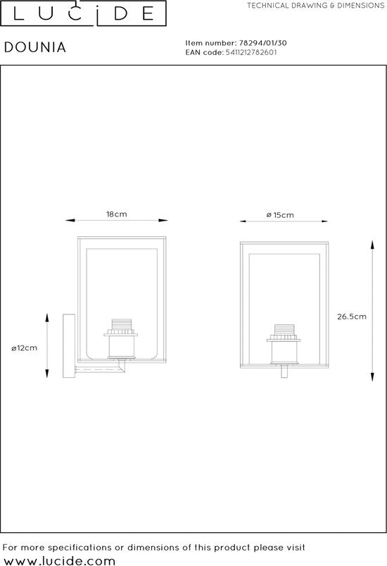 Lucide DOUNIA Wandleuchte – Ø 15 cm – E27 – Schwarz