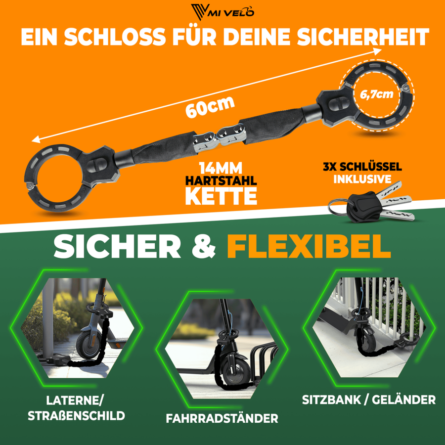 Robustes E-Scooter- und Fahrradschloss mit 14-mm-Kette aus Hartstahl – 60 cm – Handschuhschloss – inklusive Halterung und 3 Schlüsseln