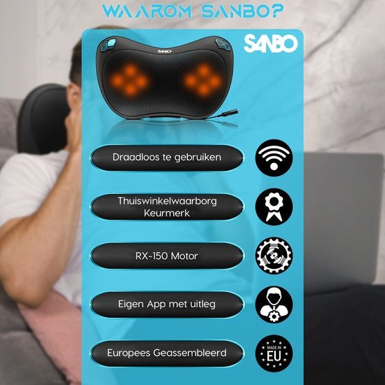 Sanbo Wireless Massage Cushion WL20 - Schwarz - Massagegeräte - Wärmefunktion mit Infrarot - Für Haus und Auto - Shiatsu - Fitness