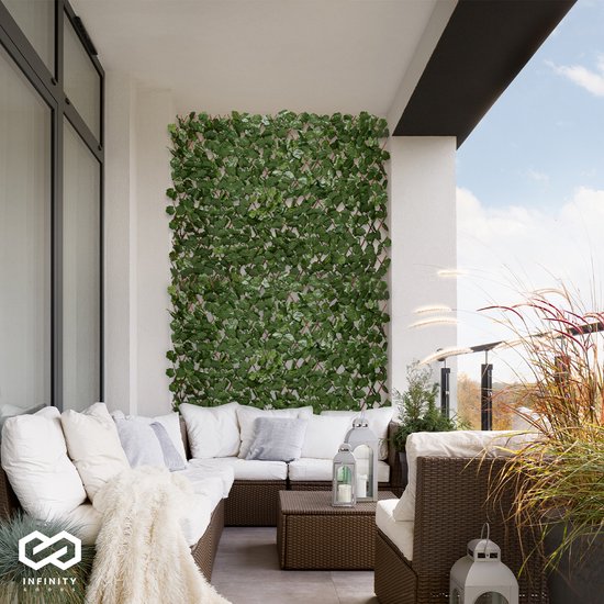 Infinity Goods Künstliche Hecke - Ausziehbar - 180 x 90 cm - Künstlicher Efeu - Künstliche Pflanzen für draußen und drinnen - Pflanzenimitat - Künstlicher Efeu - Ausziehbar - Gartenschirm - Balkonsichtschutz