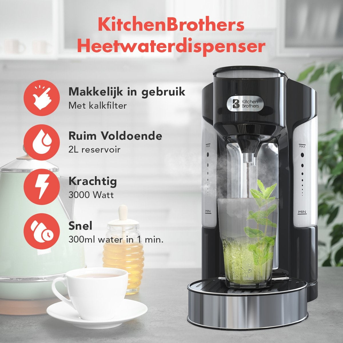 KitchenBrothers Heißwasserspender - 2L - 3000W - Edelstahl/Schwarz