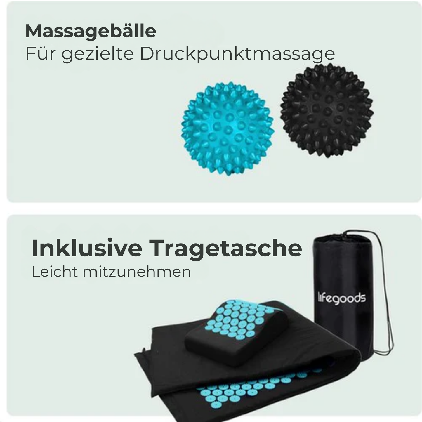 LifeGoods Akupressurmatte XL - Mit Kissen - Shakti Matte - Nagelmatte inkl. 2x Triggerpunkt Ball - 128x48x2cm - Schwarz/Türkis