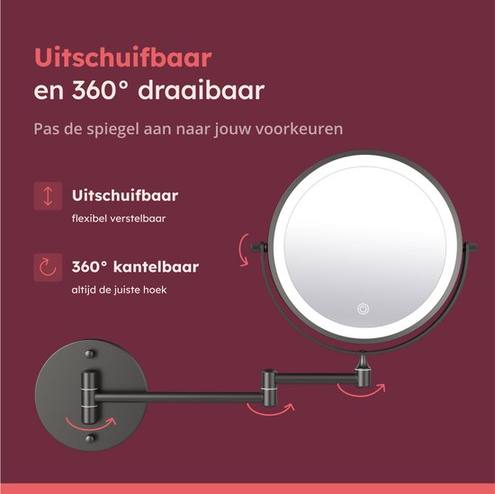 Fraay® Make-up-Spiegel - Mit LED-Beleuchtung - 10-fache Vergrößerung - Wiederaufladbar - Rasierspiegel - Badezimmerspiegel - Schwarz