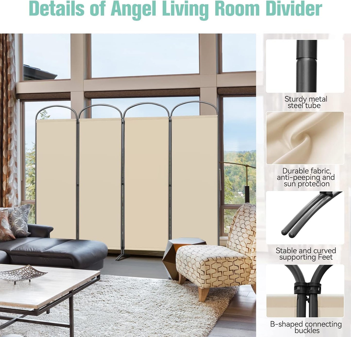 Angel Living Paravent - 4-teilig - faltbar - 160g/m² Polyester - Stahlrahmen - Raumteiler & Sichtschutz - Beige