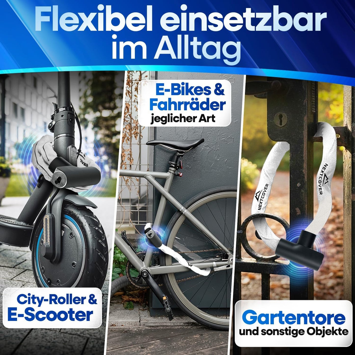 NEXTCOVER® Fahrradschloss LockOne mit Schlüssel I - [SAFE] Fahrradschloss hohe Sicherheit I robustes & langlebiges Kettenschloss Fahrrad I Fahrradschloss, Fahrradschloss 3 Schlüssel