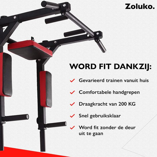 Zoluko Professional Dip & Pull Up Bar Wandhalterung - 200kg Tragkraft - Dip Station - Inkl. E-Book - Einfache Montage - 2 in 1 Klimmzugstation und Dip Station für den Heimsport - Klimmzugstange Fitness - Dip Bars - Chin Up Bar - Schwarz/Rot