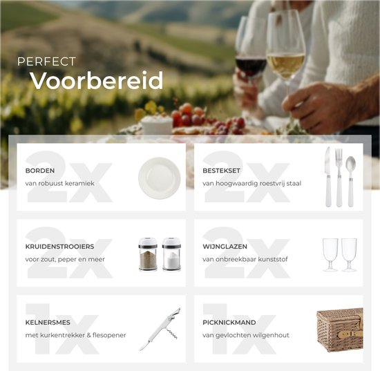 tectake - komplettes Picknickkorb-Set Ameland - Luxuriöses 13-teiliges Picknick-Set für 2 - Picknickkorb aus Weidengeflecht - Inklusive Kühlbox, Set mit Tellern, Kunststoff-Weingläsern und Edelstahl-Besteck