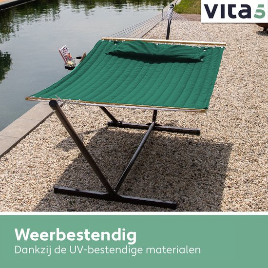 Vita5 Hängematte mit Ständer und Spreizstange – für 2 Personen – inkl. Getränkehalter – abnehmbares Kissen – UV-beständig – Grün