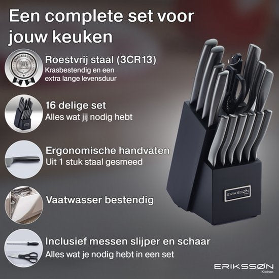 Erikssøn Kitchen 16-teiliges Messerset mit Messerblock – BPA- und PFAS-frei – mit Block, Messerschärfer und Schere – Küchenmesser – Kochmesser – Fleischmesser – kratzfest – 3Cr13-Edelstahl – schwarz