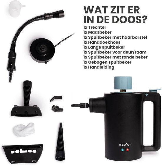 Nexxt Kabelloser Dampfreiniger mit Zubehör - Wassertank 360 ml - Bis zu 135 °C und 3,5 Bar - Für Böden und Polster - 1350 Watt - Schwarz