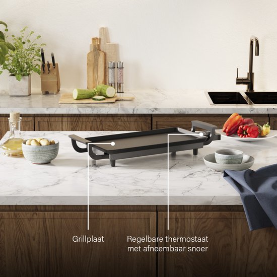 Princess Table Chef Grillplatte 102209 – Gourmet – Grillplatte – Tischgrill – 43 x 23 cm – 6 Personen – Einstellbarer Thermostat – 1800 Watt – Teppanyaki – Für drinnen und draußen