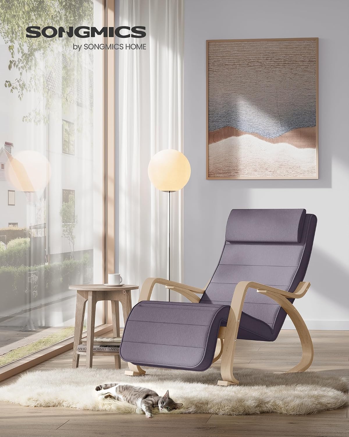 Songmics Schaukelstuhl – Birkenholz – 5-fach verstellbare Fußstütze – 121,5 x 67 x 84 cm – Grau/Beige