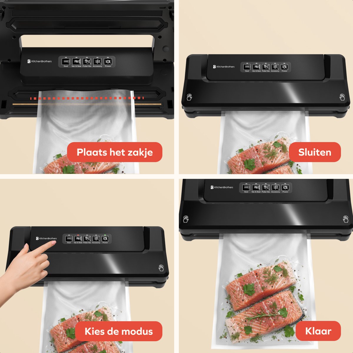 KitchenBrothers Vakuumiermaschine Essential - 4,5 L/min - 4 Funktionen - Inklusive 40 PFAS-freie Vakuumbeutel & Vakuumschlauch - Schwarz