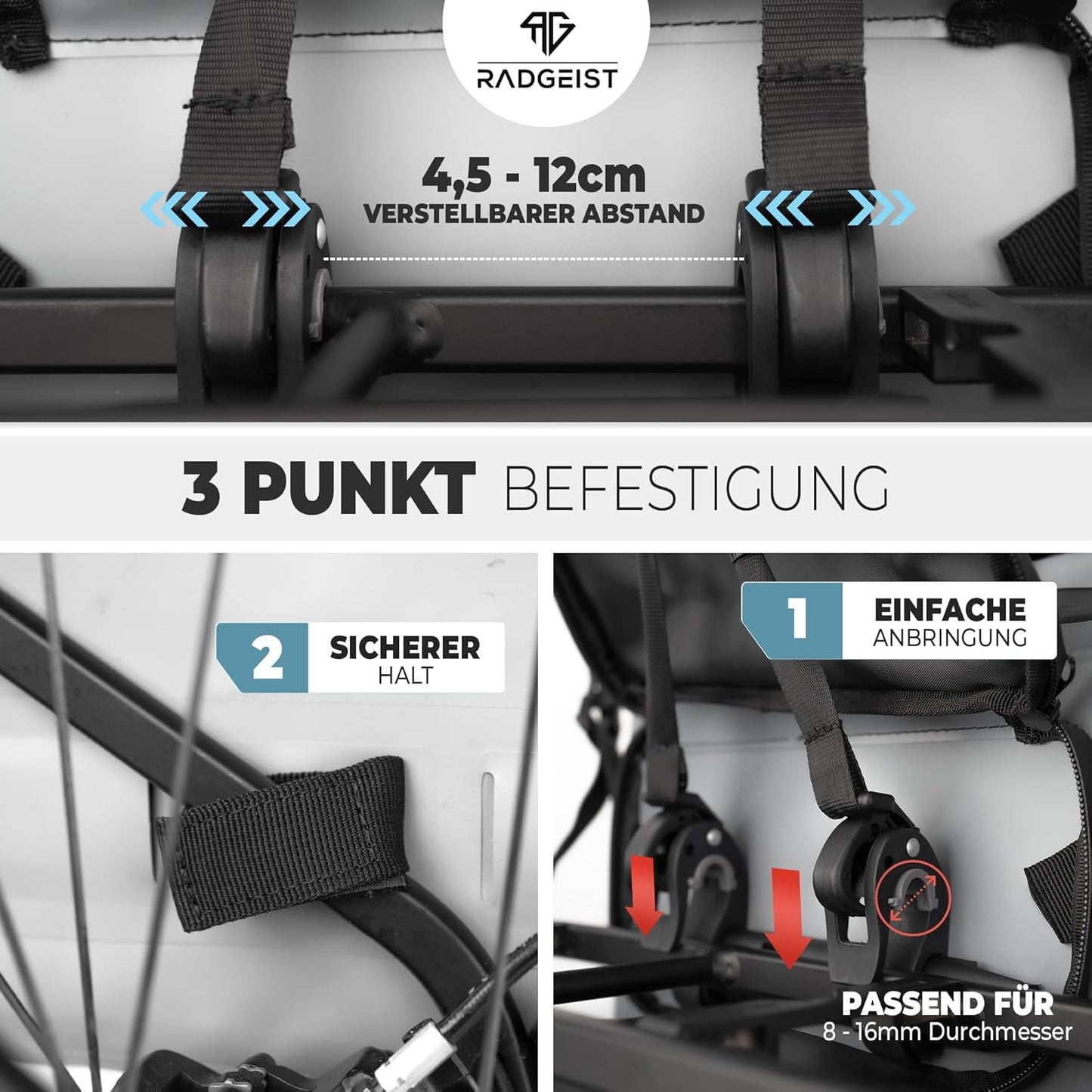 RADGEIST 3in1 Fahrradtasche für Gepäckträger I Fahrradtasche, Rucksack & Umhängetasche 18-22L I Tasche für Fahrrad 100% wasserdicht grau