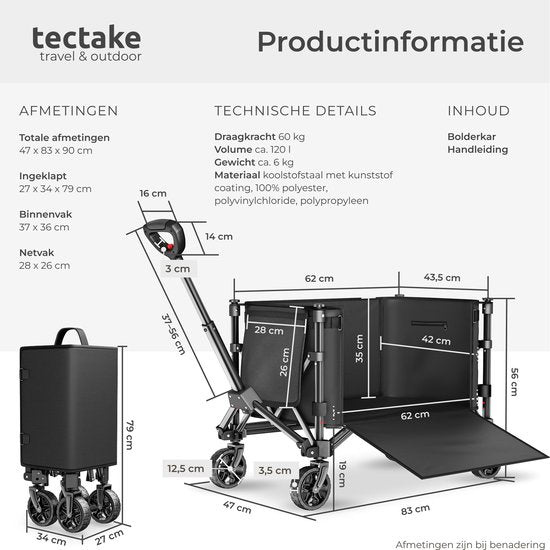 tectake® Handwagen – Zusammenklappbar – 60 kg Tragkraft – Schwenkbare Massivräder – 47 x 83 x 90 cm - Handkarren – Transportwagen – Mit verstellbarer Schiebestange – Handkarren – Wasserabweisender Transportwagen – Mit Ablagebrett und Innenfach