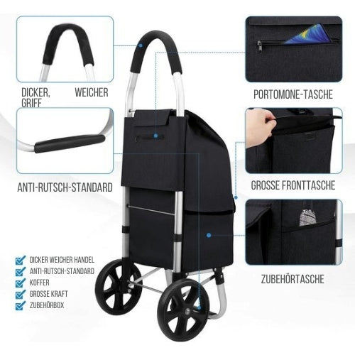 Strex - Einkaufstrolley - Zusammenklappbar - Abnehmbare Einkaufstasche - wasserdicht - Schwarz