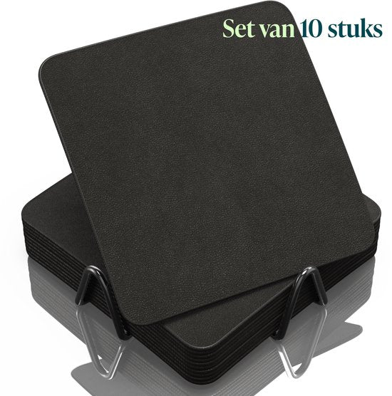 Castagnola Untersetzer aus Kunstleder – Untersetzer für Gläser – Design-Untersetzer mit Halter – Untersetzer-Set aus Kunstleder mit Metallhalter – Leder – 10er-Set – Schwarz – 10 x 10 cm