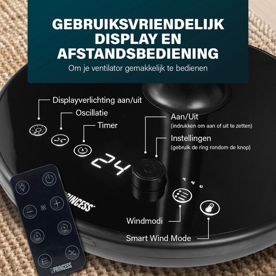 Princess DC Standventilator – besonders leise – ⌀40 cm – 24 Geschwindigkeitsstufen – Höhenverstellbar – 4 Windmodi – 1–24-Stunden-Timer – 90°-Oszillation – Mit Fernbedienung – 354860