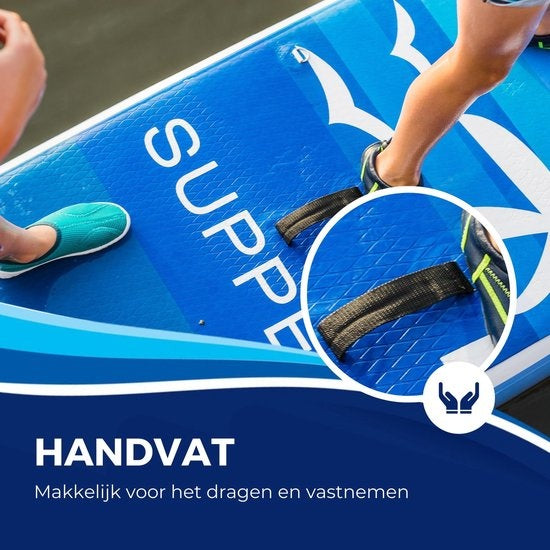 Supper Sup Board XL - Max. 180KG - Aufblasbar - Paddle Board - Verstellbares Paddel - Wasserdichte Handyhülle - Sitz - Pumpe - Flosse - Leash - Tragetasche - 335 x 81 cm