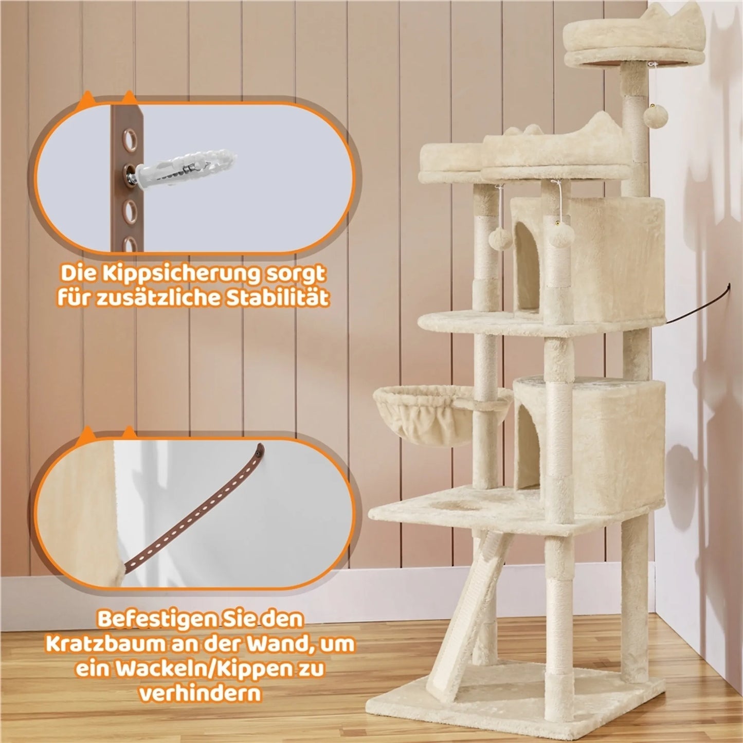 Yaheetech Katzenpfosten XXL mit 3 Aussichtsplattformen - Ausgestattet mit 2 Katzenhöhlen und Kratzbrett und Anti-Kipp-System - Für Haushalte mit mehreren Katzen - Beige Plüsch und Sisal - 55,5 x 55,5 x 175 cm