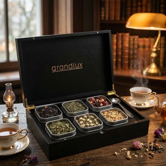 Grandlux Teebox mit 6 Fächern – Teebox für losen Tee – Edelstahl-Löffel – 100 % FSC-zertifiziertes Bambus – 6 Teedosen – Tee-Organizer – Teebox – Schwarz