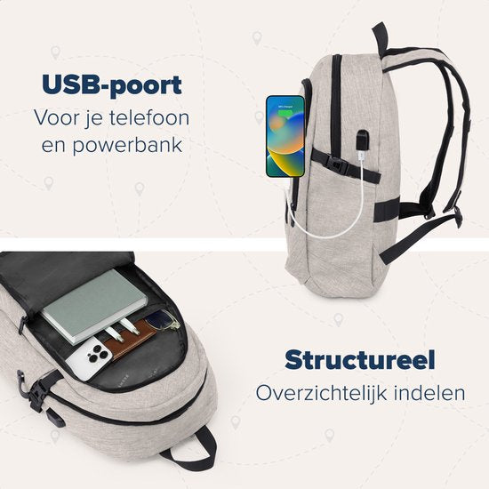 TRVLMORE Rucksack - 25L - 15.6 Zoll - Laptop-Rucksack mit USB - Schultasche - Herren und Damen - Tasche Champagner
