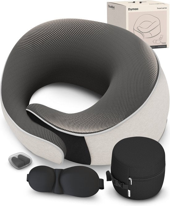 Dymac CloudRest Reisekissen - Nackenkissen - Nackenstütze - Memory Foam Reisekissen - Inklusive Augenmaske & Ohrstöpsel - Mit Reiseetui - Beige
