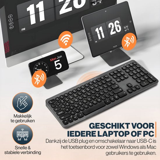 Ergonomische Tastatur - Kabellose Tastatur - Schnurlose Tastatur - USB-C & USB - Leise Tasten - Schwarz/Anthrazit - Geeignet für Windows & Mac