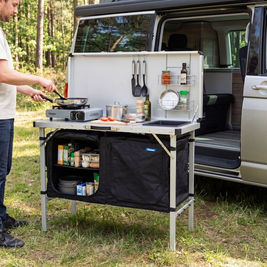 Tristar Campingküche – Zusammenklappbar – 100 x 50 cm – Mit Spülbecken – Aluminiumrahmen – Campingschrank und Außenküche – Inklusive Tragetasche – Verstellbare Beine – KI-0825