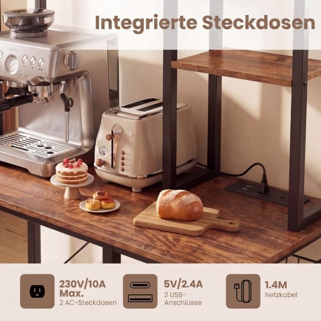 Coast 6-lagiges Küchenregal mit Steckdose – Mikrowellenregal mit ausziehbarem Drahtkorb, 12 Haken und USB-Anschluss, 99 × 40 × 170 cm – Rustikales Braun/Schwarz