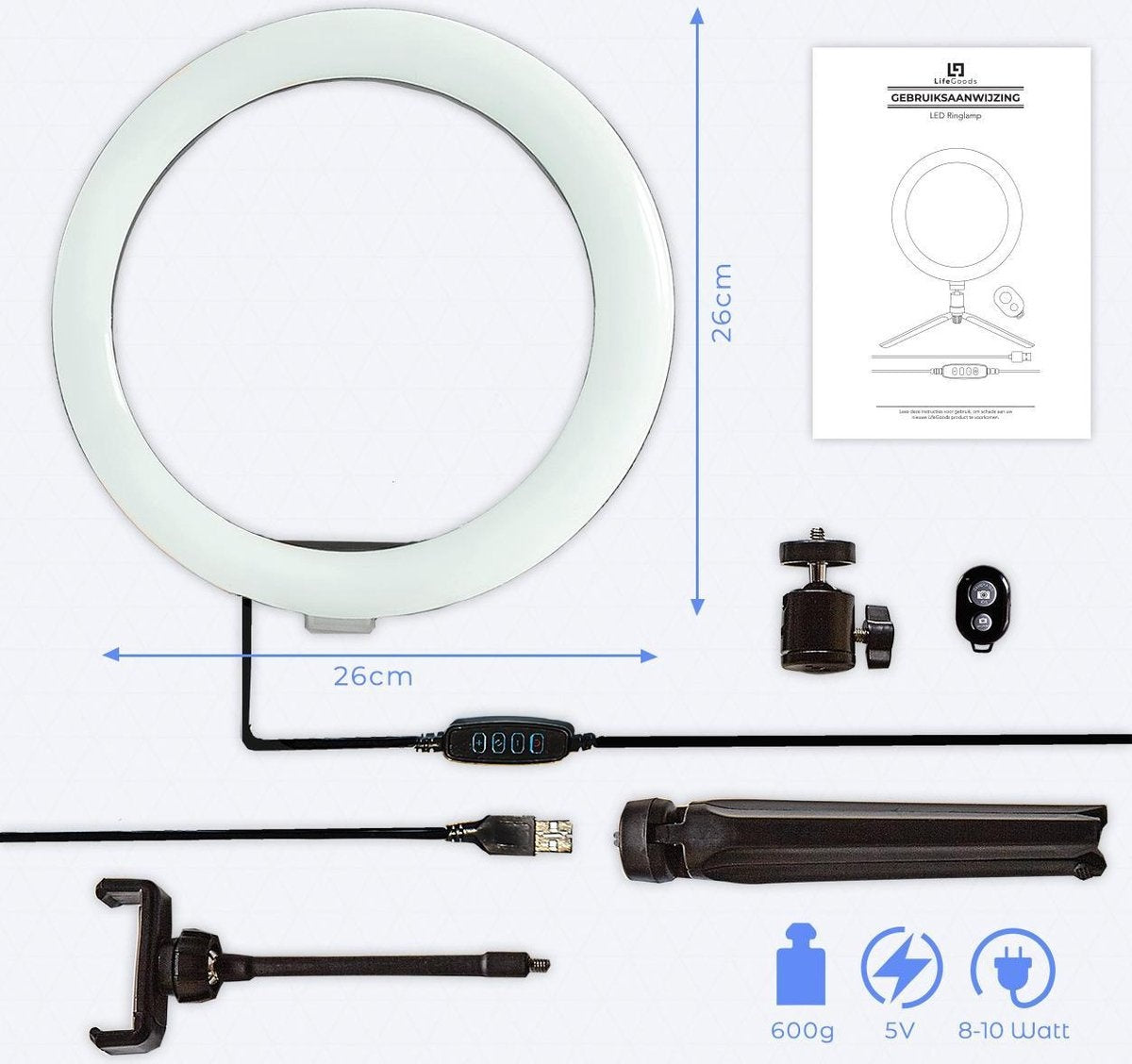 LifeGoods Ringlampe - LED - mit Stativ und Fernbedienung - Smartphone-Halterung - Schwarz