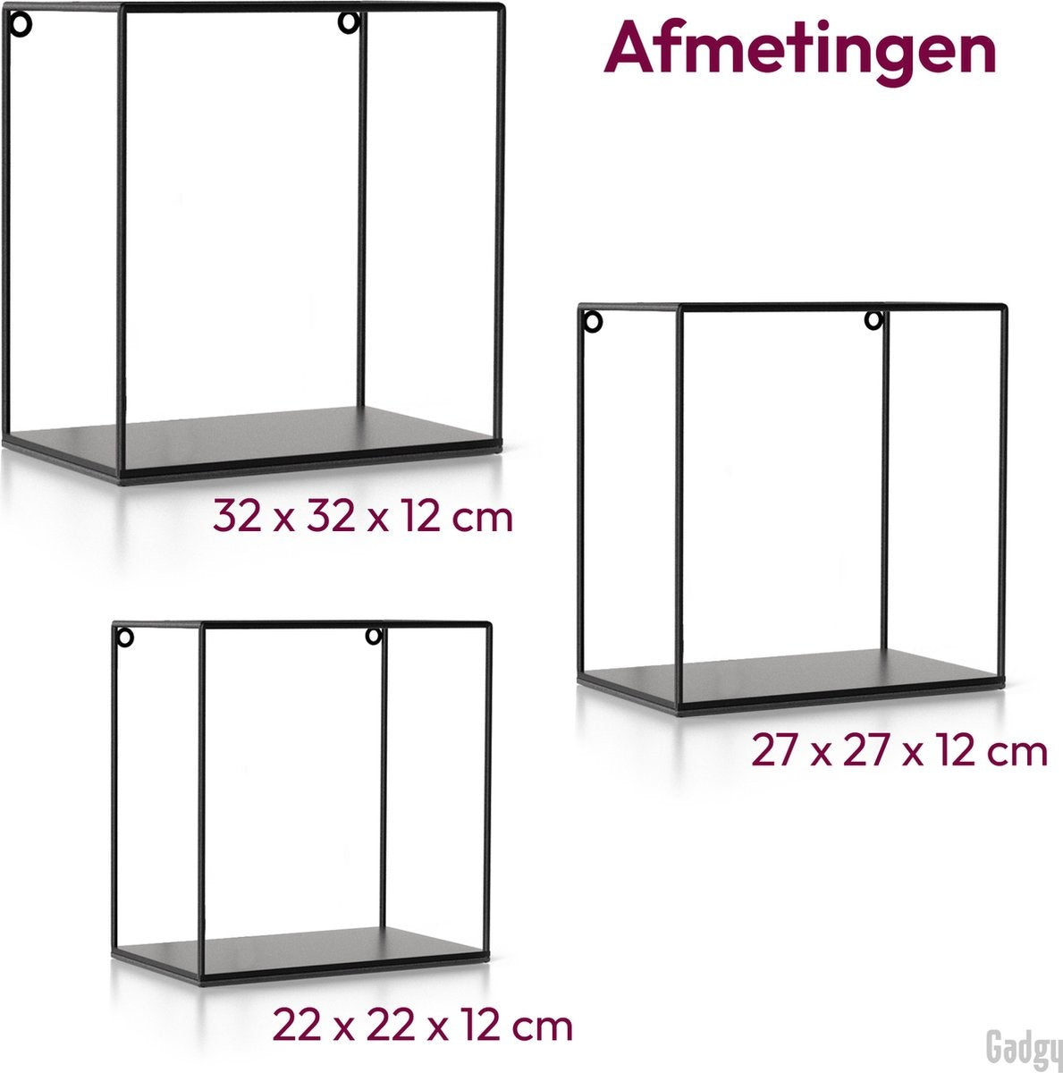 Gadgy Wall Racks set 3pcs - Wandregal Schwarz - Wanddekoration Industrie - Wanddekoration Metall - Quadratisch