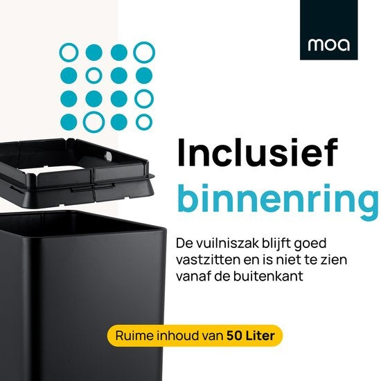 MOA Sensor-Abfalleimer - 50 Liter - Edelstahl & langlebiges ABS - Rutschfest - Geräuschloser Deckel - Schließverzögerung - Schwarz - SB50VB