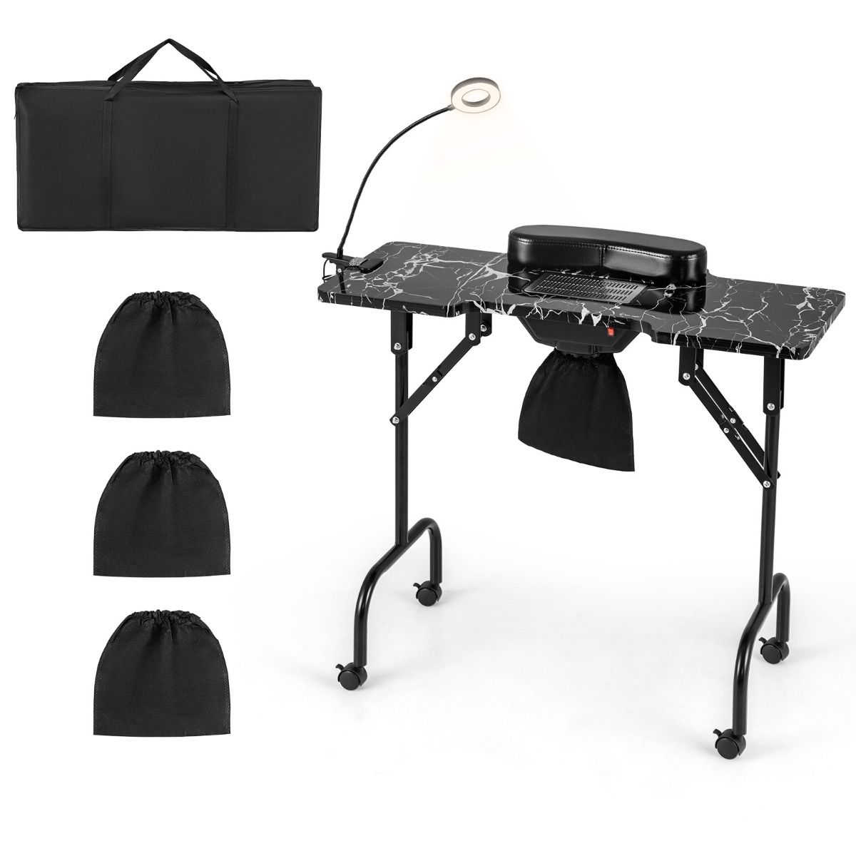 Coast Faltbarer professioneller Manikürtisch - 90 x 40 x 77 cm, Schwarz (Elektrische Staubabsaugung, LED-Lampe, Handgelenkkissen, Tragetasche)