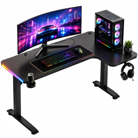 Avalo Gaming-Schreibtisch – 160 × 100 × 75 cm – L-förmiger Eckschreibtisch – Gaming-Schreibtisch mit LED-Beleuchtung – Tisch – Schwarz – Ecke rechts